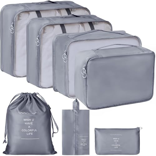 Image of Travel Packing Cubes 7 Pcs Compression Luggage Organiser (Grey) | Lightweight build saves baggage weight