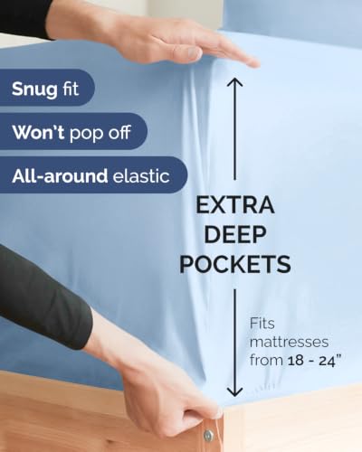 Image of Extra Deep Flex Top Split Head King Fitted Sheet - Hotel Luxury Single Fitted Sheet Only - Easily Fits 18 inch to 24 inch Mattress - Ultra Soft, Wrinkle Free w /Extra Deep Pockets - Light Blue