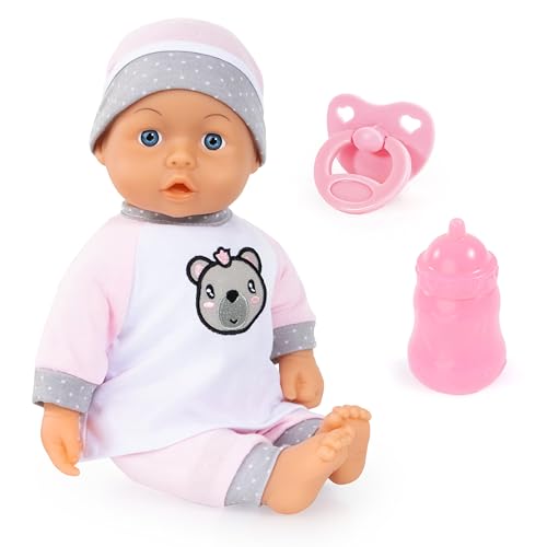 Bayer Design 93602AA Babypuppe Kiss Baby, Puppe, Kussfunktion, Geräusche, Interaktive Weichkörperpuppe, Funktionspuppe mit Schnuller und Flasche, Weiß