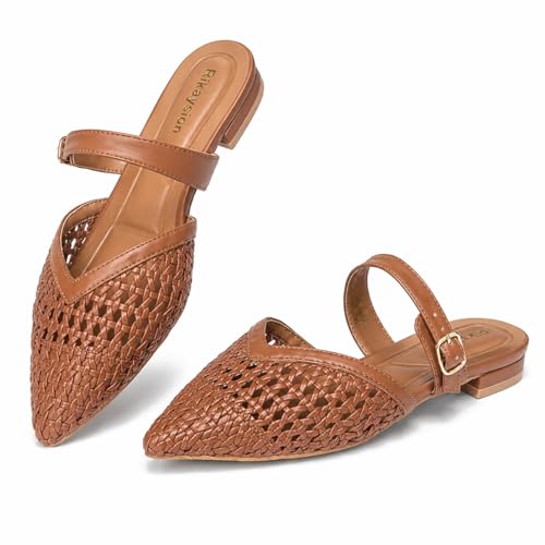 Mules for Women Pointed Toe Woven Flats with Adjustable Strap Dressy Shoes