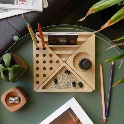 Image of Wooden Desk Organizer with Phone Stand, Multi-Compartment Stationery Holder, Natural Wood Finish (STYLE-6)