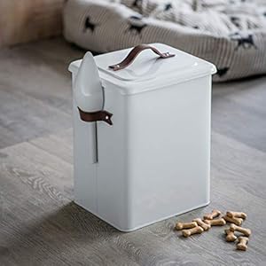 CKB LTD Aufbewahrungsdose für kleine Haustiere, mit Schaufel, hält Hunde und Katzen Tierleckerli, Metall Futterdose versiegelter Deckel, Ledergriff, aus kreidefarbenem Stahl, 7kg H34cm B25cm T19cm