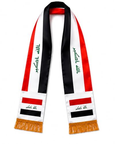 Iraq Flag Scarf Satin Double-Sided Design with Gold Fringe Tassels for Soccer National Events and Celebrations