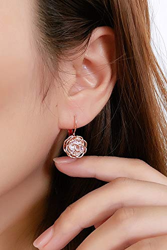 Blooming Cz Filigree 3D Rose Flower Crystal Leverback Dangle Drop Earrings For Women Girls Sensitive Ear Sweet Dangling For Lovers Wedding Elegant Diamond Jewelry Gifts Hypoallergenic (Rose Gold) #TOP2