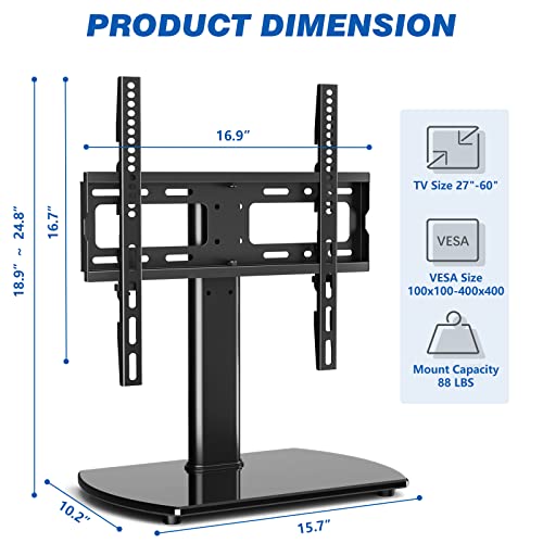 Universal Swivel Table Top Tv Stand Base Replacement For 27 32 37 39 40 43 49 50 55 60 Inch Lcd Led Flat Screens Up To 88 Lbs, Height Adjustable Pedestal Tv Mount With Tempered Glass Base #TOP5
