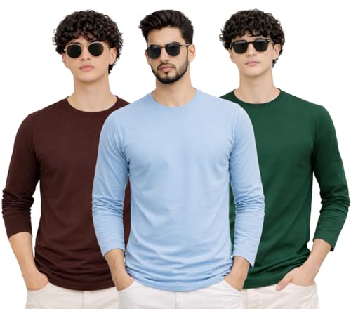 Image of Men's Regular Fit Plain Full Sleeve T- Shirt, Spun Cotton Fabric, Soft and Comfortable Casual Everyday Wear (Pack of 3) (Size Range S to 2XL)