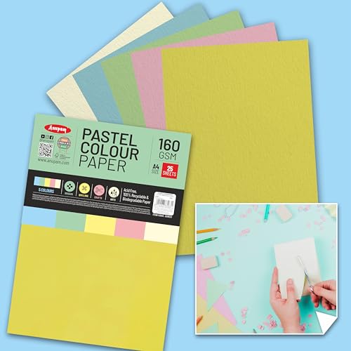 Image of Anupam 25 Sheets Colored Pastel Craft Paper A4 Size 160 GSM 5 Assorted Color Paper Multi Color Card Stock Paper for Crafts, Card Making, Scrapbooking, DIY, School Supplies, Printing and Stationery
