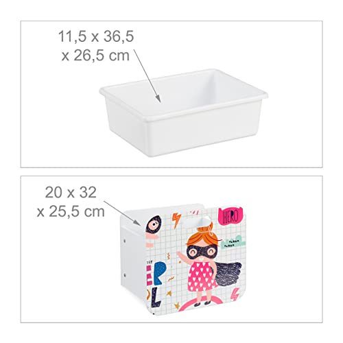 Relaxdays Kinderregal mit 3 Boxen, Heldin-Motiv, Kiste mit Rollen, HBT: 80,5x42,5x30 cm, schmales Spielzeugregal, weiß