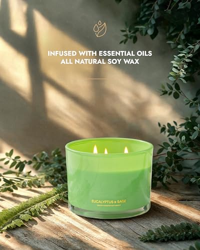 Image of 96NORTH Luxury Eucalyptus & Sage Soy Candle | Large 3 Wick Jar Candle | Up to 50 Hours Burning Time | 100% Natural Soy Wax | Housewarming Gift for Men and Women