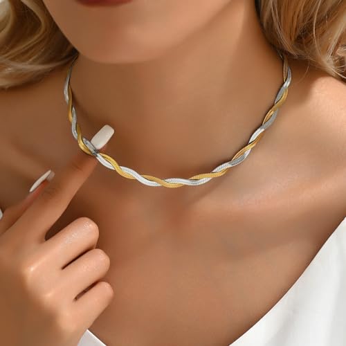 18K Gold Plated Snake Chain Herringbone Necklace Layered Choker Chain Necklaces for Women Dainty Dot Pendant Necklaces Waterproof Jewelry3