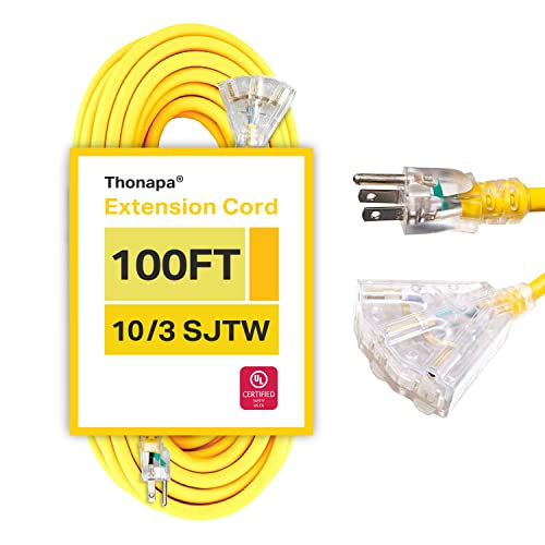 100 Foot Lighted Outdoor 15 Amp Extension Cord With 3 Electrical Power Outlets - 10/3 Sjtw Yellow 10 Gauge Cable With 3 Prong Grounded Plug For Safety - Great For Garden And Major Appliances #TOP6