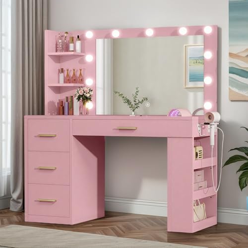 YITAHOME Vanity Desk with Mirror & Lights, Makeup Vanity Table Set with Power Outlet, 4 Drawers, 6 Open Shelves Above and 3 Adjustable Shelves Below, 3 Lighting Modes Dressing Table, Pink