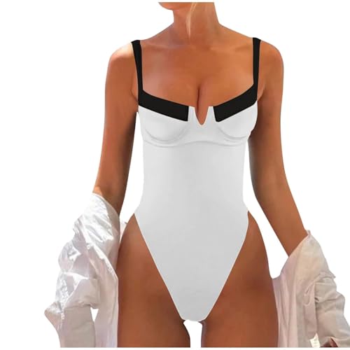 Traje de baño Mujer Corte Cuello en V Bloque Color Adelgazante Tirantes bañador Elegante Verano Playa Piscina (White, M)