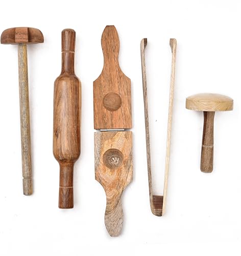Image of Wooden Kitchen Tool Set for Cooking, Including Belan, Mathni, Dutta, Chimta, Lemon Press, Eco-Friendly Kitchenware Utensils, Durable & Easy to Clean