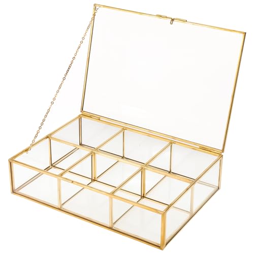 HighFree Gold Glass Tea Bag Storage Organiser, Tea Bag Display Box with Lid, Countertop Collection Box for Tea Bags, Sugar Bags & Coffee Bags, Clear Keepsake Box (6 Compartments)