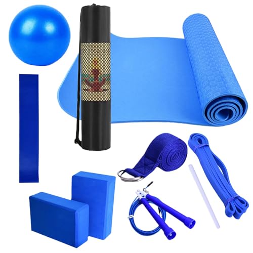 Juego de yoga, almohadilla de fitness, tapete de ejercicio con bloques de yoga, equipo de ajuste para mujeres y hombres, incluye bandas de resistencia de látex, banda de estiramiento para el hogar