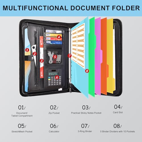 Image of Eshow Portfolio Organizer - 3 Ring Binder with Zipper, Vegan Leather Business Padfolio Folder with Notepad Includes 5 Color Sheet Protectors for Documents Files for Men Women