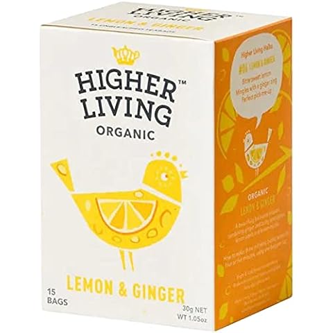 Higher Living Organic Lemon & Ginger Herbal Tea - 15 Teabags | with Licorice Root, Lemongrass, Lemon Peel & More | Tangy & Spicy Flavor | Caffeine Free | Use as Hot or Iced Tea | 1.05oz/30g Cover
