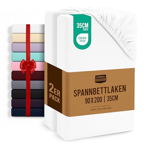 Utopia Bedding - 2er Set Spannbettlaken 90x200cm - Weiß - Oeko-Tex Zertifiziertes - Gebürstete Mikrofaser Spannbetttuch - 35 cm Tiefe Tasche