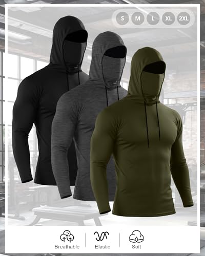 Image of August Alley 3 Pack Men's Sports Hoodies with Mask Compression Long Sleeve Thermal Shirts Base Layer Tees Running Pullover