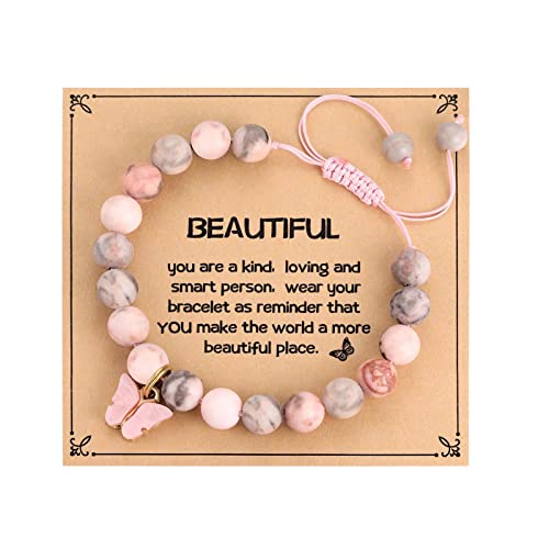 MIXJOY Butterfly Jewelry for Little Girls Ages 5-12 - Butterfly Charm Bracelet Handmade Rope Braided Beads Natural Stone Bracelet for Little Niece Cousin Granddaughter Daughter, 6.3"-8.6" Adjustable