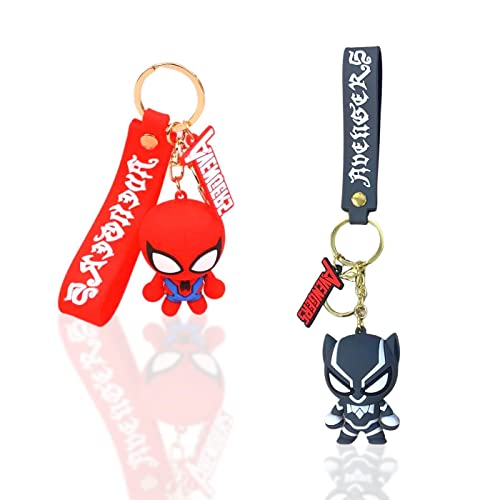 2ud Porte-Clés des Vengeurs Spider Man et Black Panther. Porte-Clés 3D Superhero en Silicone et ABS avec Sangle et Mousqueton en Métal. Jouet de Série de Dessins Animés (2 Pièces)