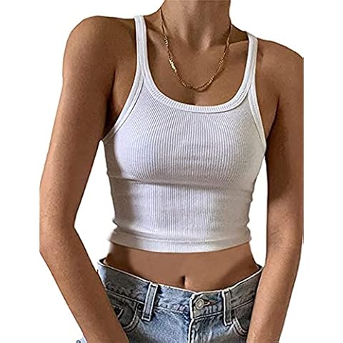 MISSACTIVER Women’s Basic Rib Knit Crop Tank Top Casual Solid Scoop Neck Sleeveless Crop Top Camisole, White, Small Cover