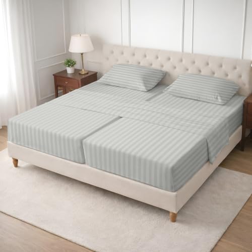 Image of SGI Split King Sheet Set for Adjustable Bed Egyptian Premium Cotton 600 Thread Count Sheet for Sleep Number Bed 15 inch Deep Pocket 5 Pc Set with 2 Twin XL Fitted Sheets Soft Breathable -Light Grey Stripe
