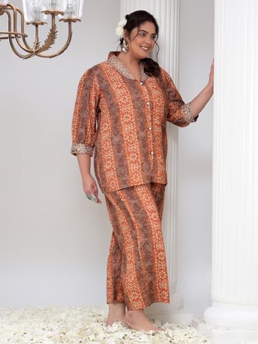Image of Bani Women Printed Plus Size Co-ord Set, Shirt and Trouser Set 2 Piece Outfit, 3 /4 Sleeves V Neck Collor with Mirror Work, Coord Sets for Womens,Western Dress, Stylish Design for all Occasions