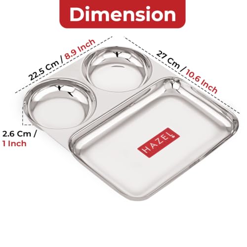 Image of HAZEL 3 Section Plate Stainless Steel Bhojan Thali Set of 6 for Idli Sambar