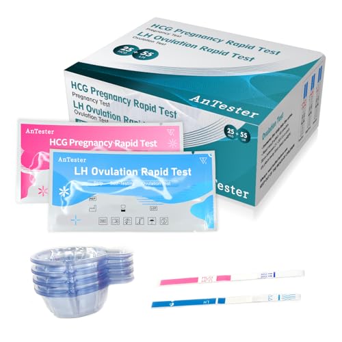 Image of 55 Ovulation Test Strips and 25 Pregnancy Test Strips 10mIU /mL Combo Kit for Women-with 70 Urine Cups (55 LH + 25 HCG)