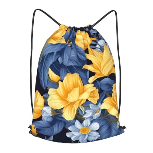 Drawstring Bag for Women Lightweight Sports Gym Bag Blue Base Yellow Floral Soccer Backpack for Travel