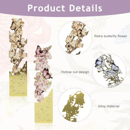 Image of Butterfly Metal Bookmark Set of 4, Vintage Cutout Rose Flower Sunflower Tassel Decorative Book Markers for Books, Textured Reading Accessories Gifts for Women Men Students