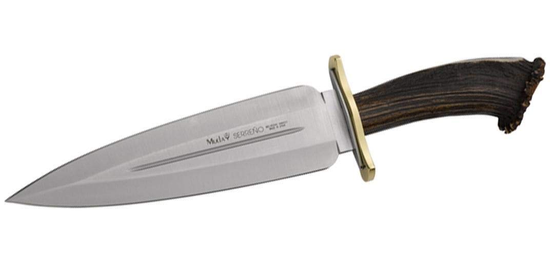 Muela Cuchillo SERREÑO-S hoja de acero ACX-380 de 22,5 cm y empuñadura de roseta de ciervo para Caza, Pesca, Supervivencia y Bushcraft Realizado en Ciudad Real + Portabotellas de regalo