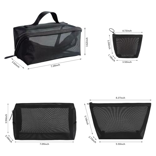4 Piece Mesh Cosmetic Bag Set, Makeup Pouches, Zipper Pouches for Toiletries, Black (4, black)2