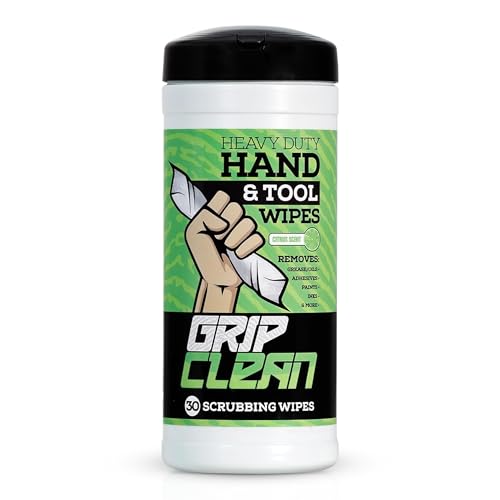 Image of Grip Clean Heavy Duty Hand & Tool Cleaning Wipes - Waterless Hand Cleaner for Mechanics, Garage & Shop Use - Dual-Sided Grease, Oil & Paint Remover Wipes with Citrus Scent - 30ct