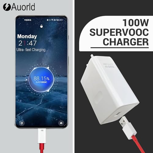 Image of Auorld Original 100W Charger Ultra Fast Charger Adapter for Oneplus 12 /12r /11 /11R /10 /10R /9 /9R /Nord 4 / Ce4 / Ce3 / Ce4 Lite Nord Ce 3 Lite 5G,Nord 2T 5G,Nord Ce 2 Lite 5G,Nord 5G, White
