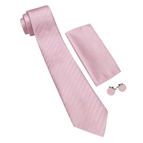 Image of Barry.Wang Solid Striped Tie for Men Silk Necktie Pocket Square Cufflinks Formal Wedding Party Business