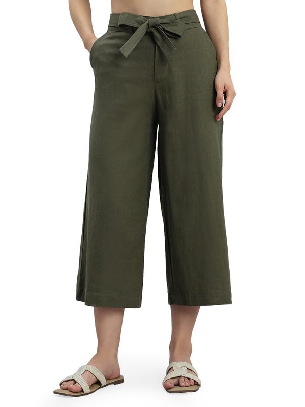 Image of GO COLORS Solid Linen Culottes for Women | High Rise, Side Pockets, Front tie-up