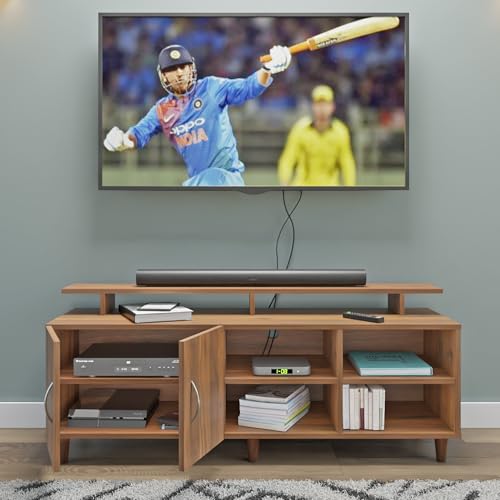 Image of VIKI Modern TV Unit for Living Room | Engineered Wood TV Cabinet with 2 Door Storage, 2 Open Shelves & Extension, Entertainment Unit, 140W x 48H x 40D cm | DIY | 1 Year Warranty (Walnut)