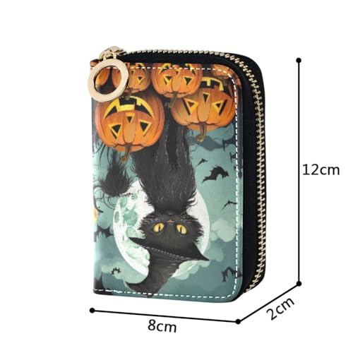 Halloween Pumpkin Black Cat Credit Cards Holder Purse for Women with Zipper,Leather Business Card Wallets for Ladies 202a06164