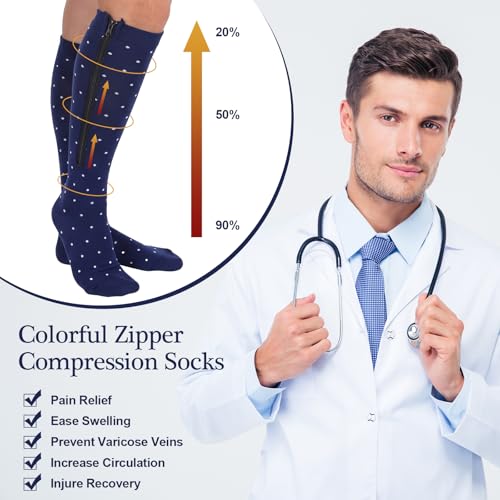 Image of Tarpop 4 Pairs Men Zipper Compression Socks Colorful 20-30mmhg Compression Stockings with Zipper for Men Women Swelling Edema
