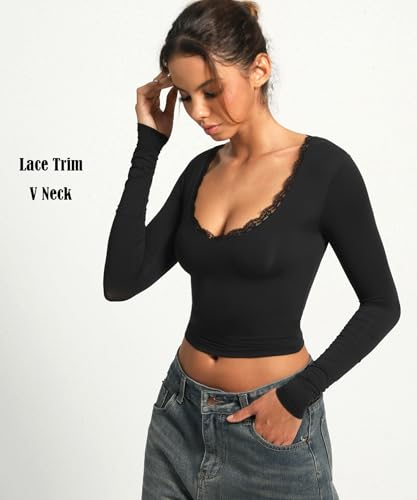 Navneet Women Sexy V Neck Lace Long Sleeve Shirts Crop Top Fall Cute Going Out Tops4