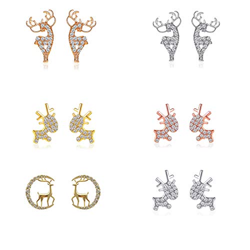 6 Pairs Christmas Reindeer Earrings,Crystal Deer Stud Antler Earrings,Reindeer Ear Pin,Earring Bohemian Jewelry