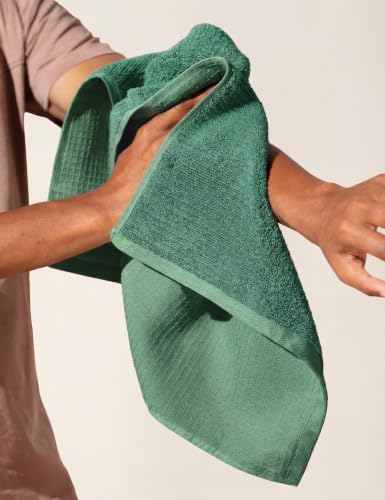 Image of DAMENSCH Unisex Premium Bamboo Blend, Ultra-Soft, Absorbent, Dual Waffle and Terry Texture Waffle Hand Towel - Forest Green, Ocean Blue, Reed Beige - Pack of 3