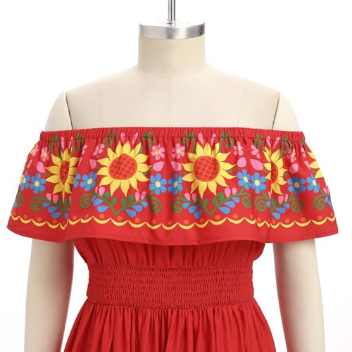 Image of ABEHIK Mexican Dresses for Women Traditional Off Shoulder Summer Floral Sunflower Fiesta Long Maxi Dress Cinco de Mayo Outfit