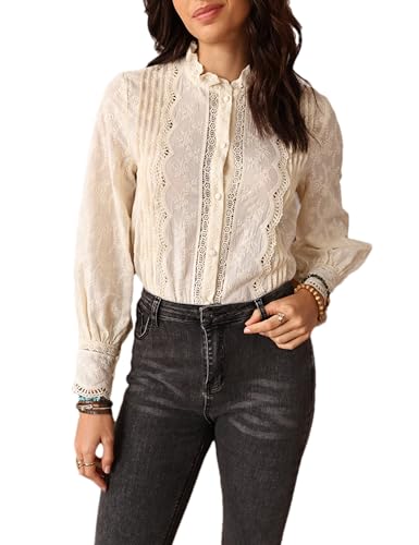 Womens Lace Embroidered Eyelet Cutout Shirt Summer Casual Long Sleeve Slim Fit Blouses Crewneck Tops