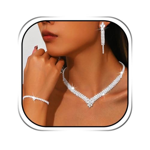 Sixexey Rhinestone Wedding Jewelry Set Silver Bridal Necklace Earrings Party Prom Costume Jewelry Accessories for Women