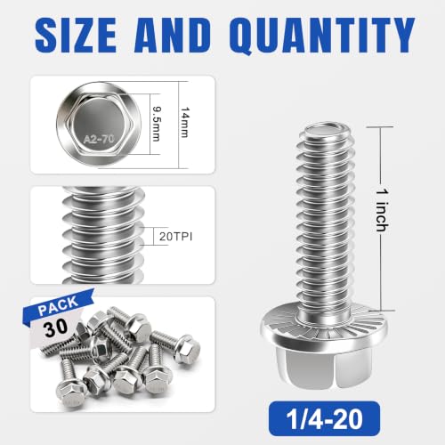 Image of Taiss 25PCS 1 /4-20 x 1 Flanged Hex Head Bolts 304 Stainless Steel,Flange Hexagon Screws Fully Threaded 1 /4 Stainless Steel Bolts,1 /4 Bolt