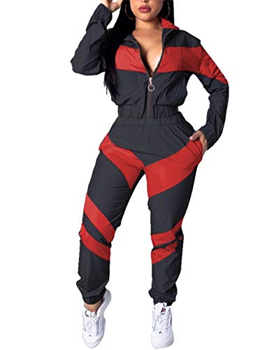 Women Colorblock Two Piece Outfits Set High Waist Pants Long Sleeve Zipper Front Windbreaker Fall Clotehs for Women Red L
